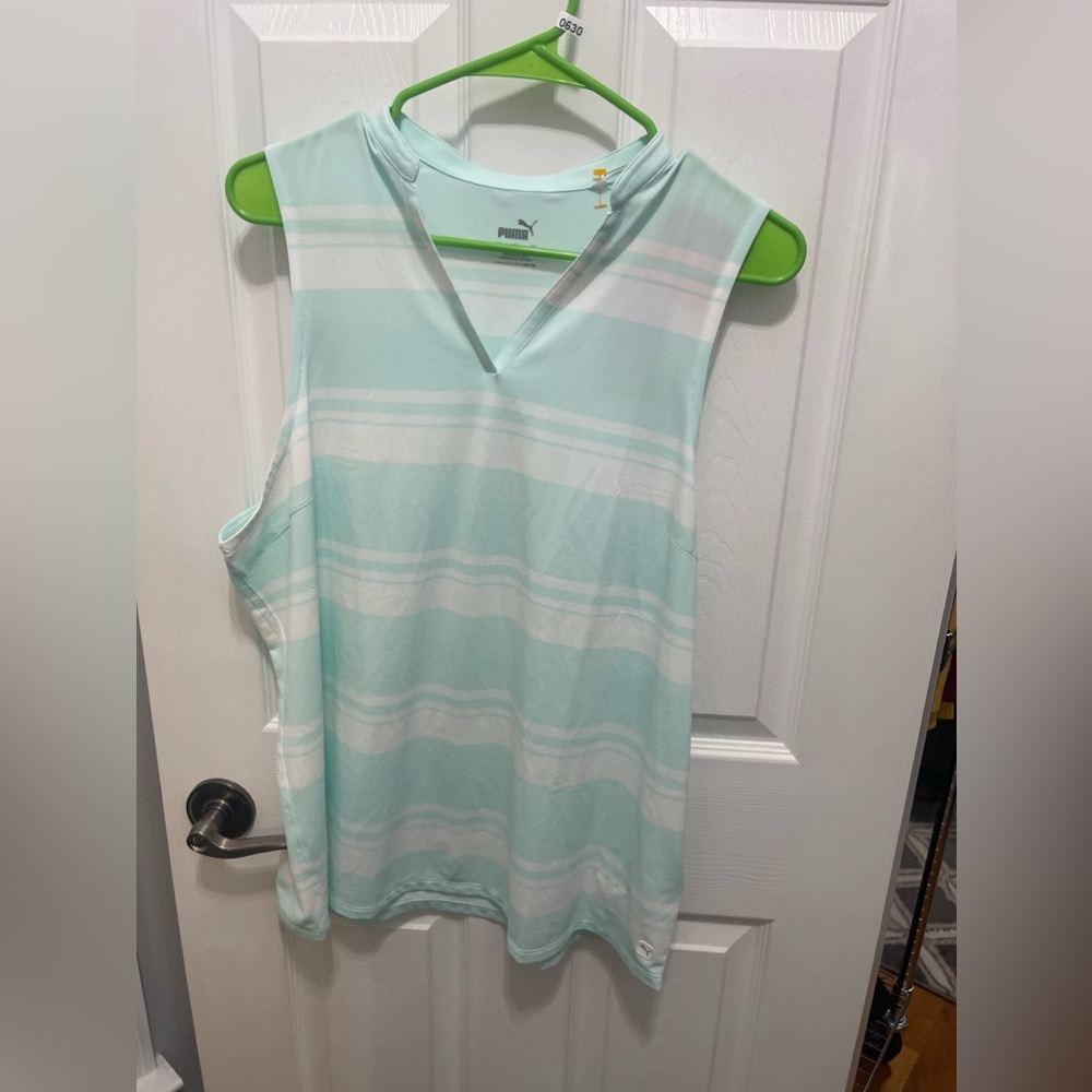 Puma Mint Green and White Sleeveless V-Neck Athletic Tank